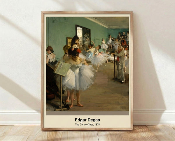 Impressionist painting of ballet dancers in a studio during class, rendered in soft cream, ochre, and blue tones with graceful, contemplative poses.