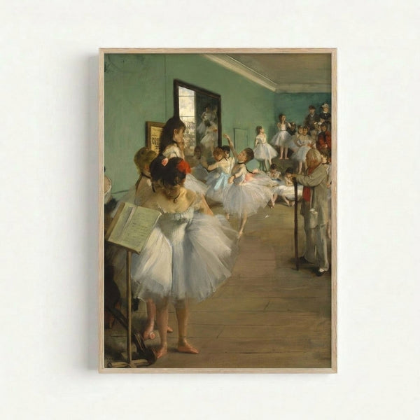 Degas' iconic dance studio scene featuring elegantly posed ballerinas in muted earth tones and soft blues, capturing the serene atmosphere of a rehearsal.