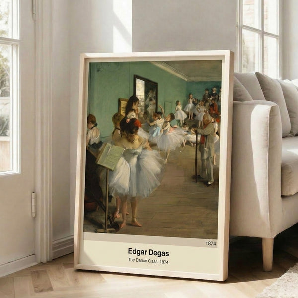 Vintage-style poster of ballerinas during dance class, rendered in Impressionist style with delicate cream, grey, and blue color palette.