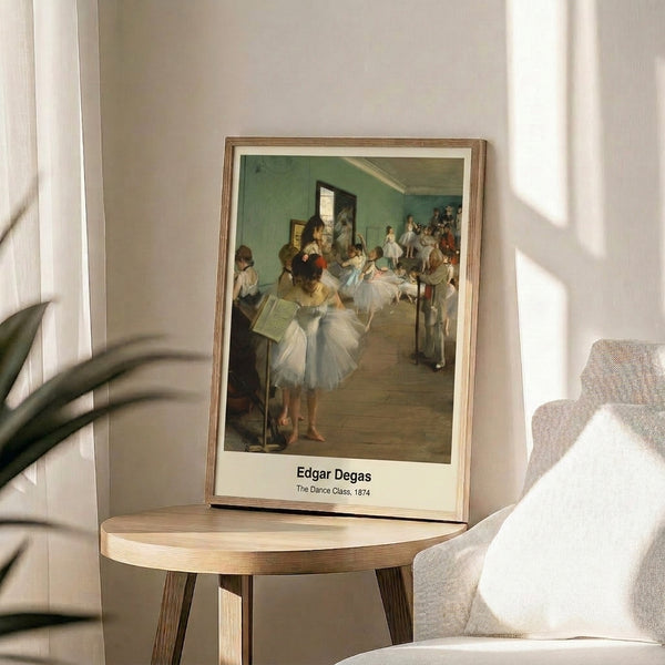 Elegant ballet class scene poster showing dancers in graceful poses, painted in soft impressionist tones of ochre, cream, and muted blue.