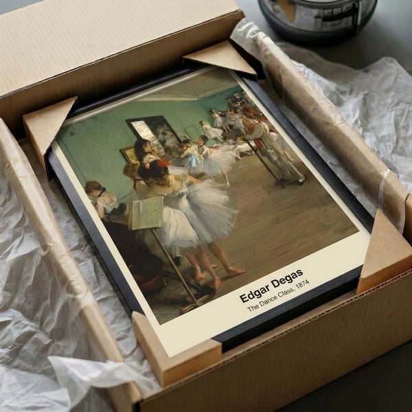Framed ballet studio print in Impressionist style featuring elegantly posed dancers rendered in gentle ochre, cream, and soft blue hues.