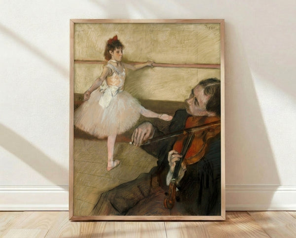 Framed impressionist poster of ballet dancers in a studio, with soft muted tones of cream, pale blue, and ochre capturing a contemplative dance lesson moment.