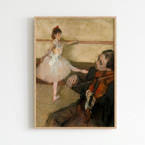 Vintage-style art print showing graceful ballet dancers during practice, rendered in delicate impressionist brushwork with warm neutral and pastel colors.