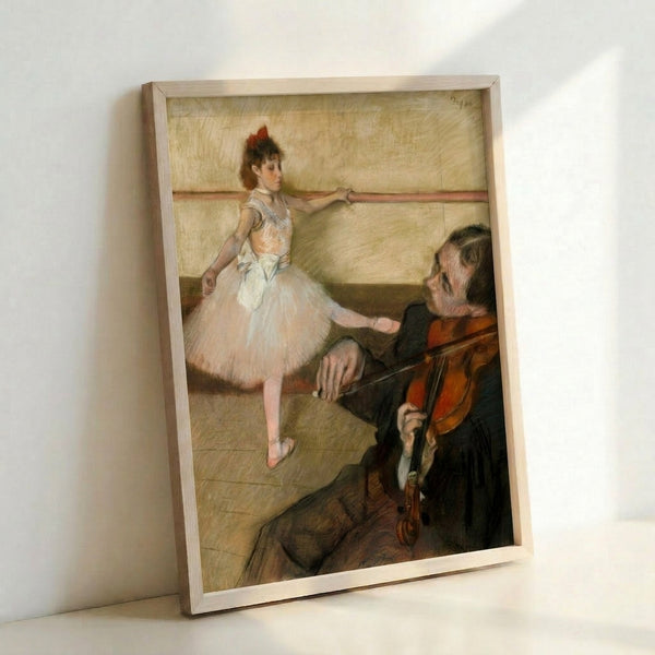 Framed classical ballet artwork depicting dancers in training, featuring impressionist technique with subtle earth tones and soft lighting that conveys quiet elegance.