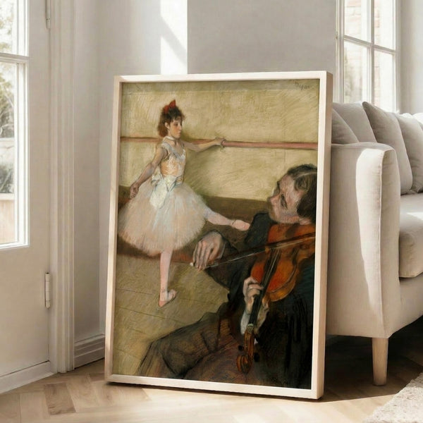 Impressionist poster art of a dance lesson scene with multiple figures in a studio setting, painted in gentle warm and cool tones that evoke refinement and grace.