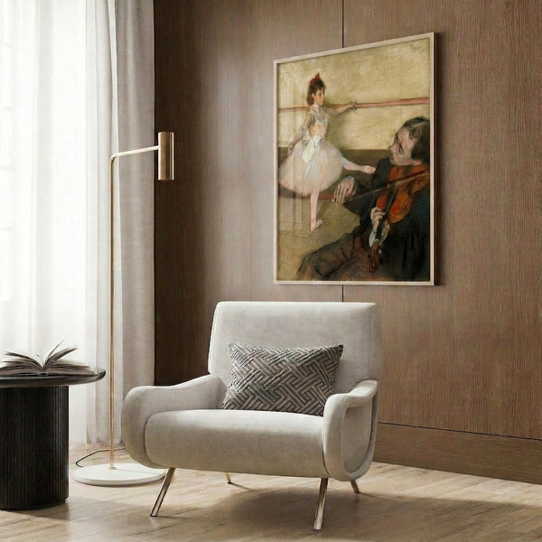Vintage impressionist dance studio artwork showing graceful figures in motion, rendered with soft brushstrokes and a muted color palette of neutral and pastel hues.