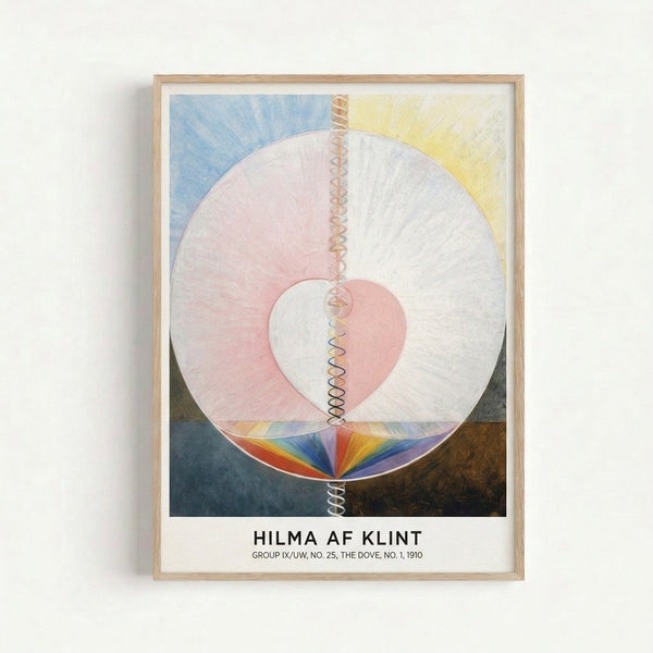 Spiritual abstract art print with geometric circles and spirals in soft pink, blue, and cream on a wall, embodying transcendent Bauhaus design principles.