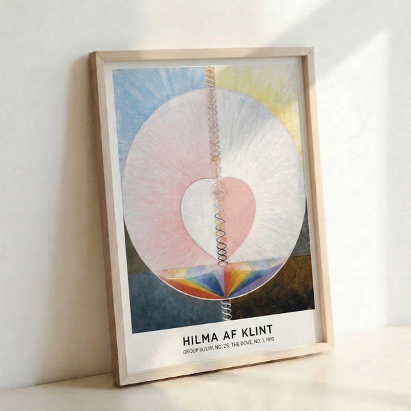 Minimalist abstract poster displaying layered geometric forms in pale pink, soft blue, and yellow tones with a heart motif and spiral composition.