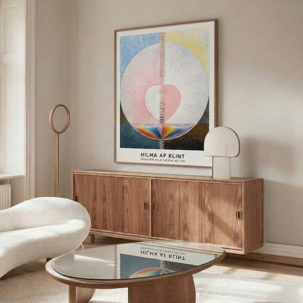 Abstract spiritual poster art featuring concentric geometric circles and spiral patterns in muted pink, blue, cream, and earthy tones.