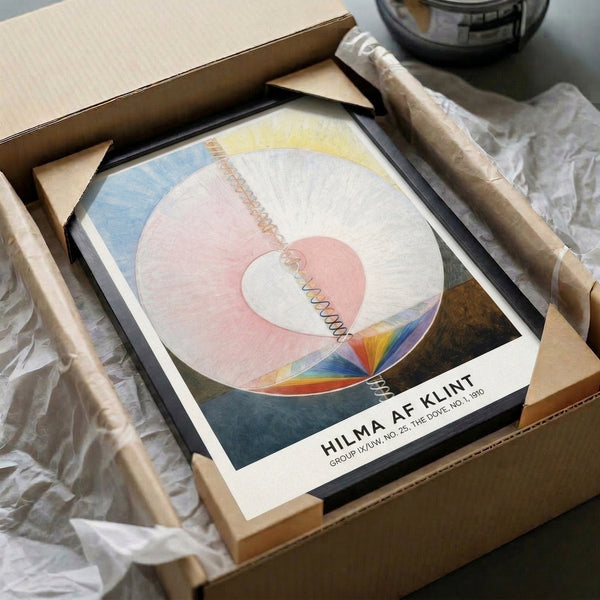 Bauhaus-inspired abstract art depicting layered circles, spirals, and a central heart form in soft pink, blue, yellow, and earthy neutral tones.