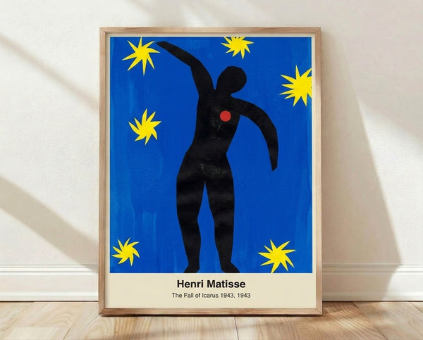 Abstract framed poster of Matisse's The Fall of Icarus with a stylized figure against a royal blue night sky, rendered in bold black, yellow, and red shapes in modernist style.