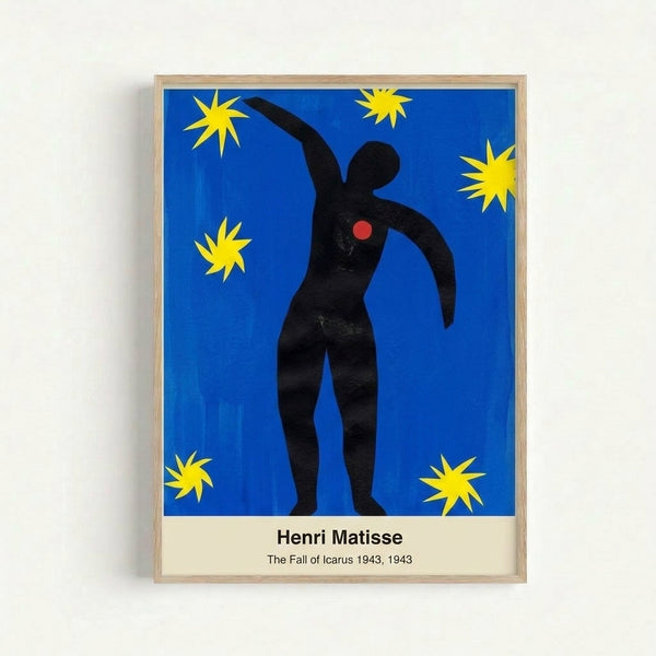 Modernist wall art print depicting a mythic falling figure silhouetted against deep blue and black, with vibrant yellow and red accents creating a dreamlike, contemplative composition.