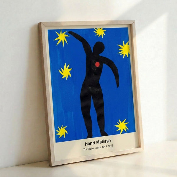 Matisse's jazz-inspired Fall of Icarus poster featuring an abstract human form suspended in a nocturnal sky of royal blue, black, and warm yellow tones with Art Nouveau sensibility.