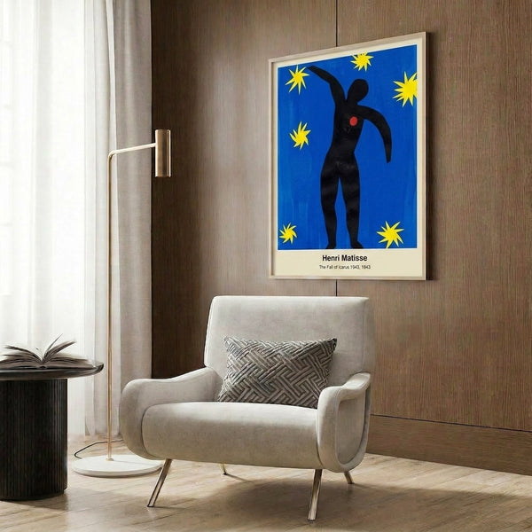 Modern abstract wall print inspired by the Icarus myth, showing a stylized figure in shades of royal blue, black, red, and yellow creating a contemplative, dreamlike scene.