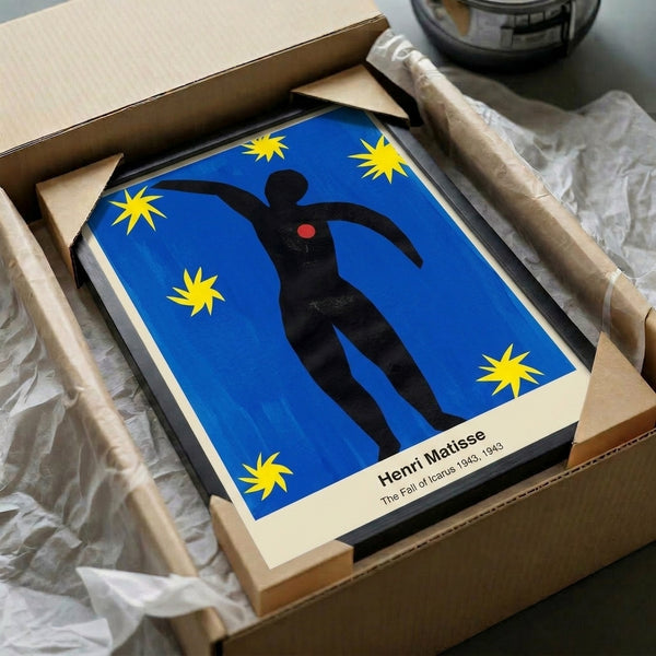 Framed poster of Matisse's 1943 artwork: an abstract falling figure against a rich nocturnal palette of deep blue and black with striking red and yellow accents, evoking timeless mythology.