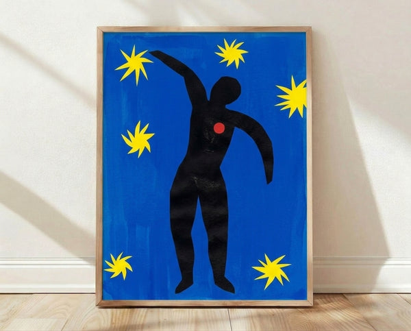 Abstract modernist poster of The Fall of Icarus, 1943, featuring bold geometric shapes in blue, yellow, and black on a vibrant background, framed on a wall.