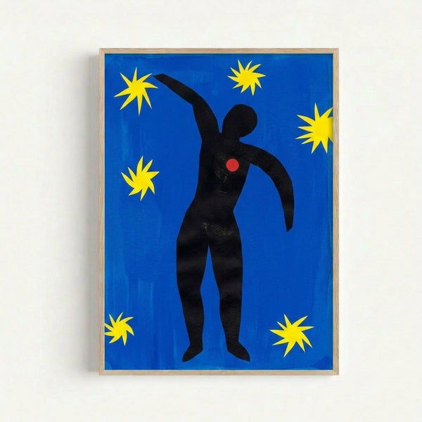 Framed art print of Matisse's The Fall of Icarus with dynamic abstract forms in contrasting colors, depicting the mythological figure in modernist style.
