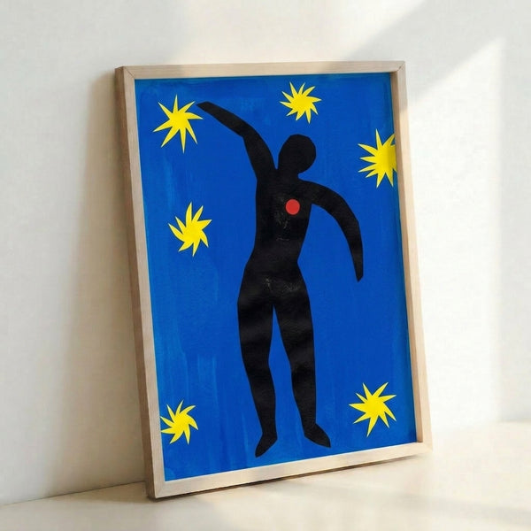 Colorful geometric poster artwork showing The Fall of Icarus in bright blues and yellows with angular shapes, displayed as a framed wall print.