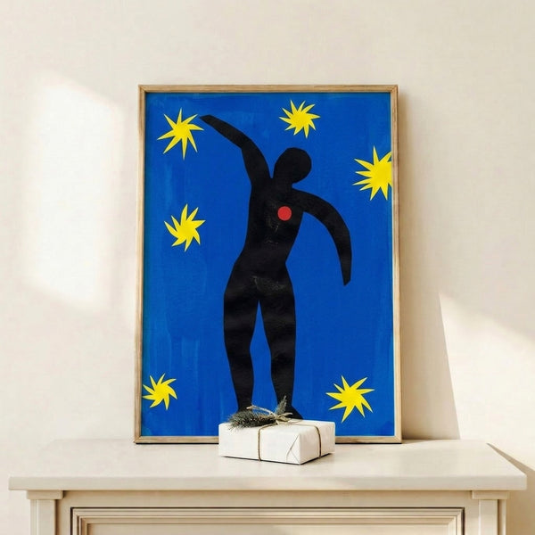 The Fall of Icarus Jazz-inspired abstract poster with vivid color blocking and dynamic composition, framed wall art in modernist style.