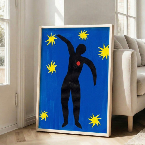 Matisse-inspired abstract framed poster of The Fall of Icarus featuring bold cutout shapes in saturated colors, contemporary wall decor.