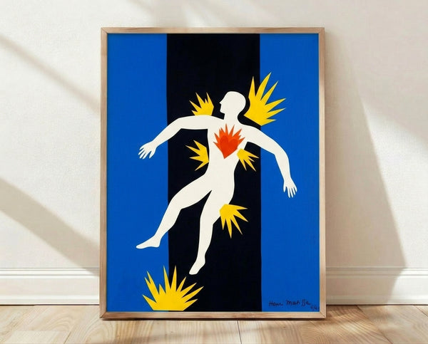 Abstract cut-out art print featuring a stylized falling figure in vibrant blue and red against a contrasting background, evoking mythological themes through bold geometric shapes.