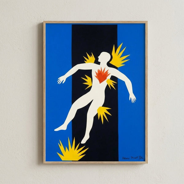 Framed modern art poster with dynamic abstract composition in warm and cool tones, depicting a minimalist interpretation of a descending figure with expressive color blocking.