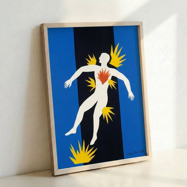 Colorful geometric art print showing an abstracted human form in flight, rendered through flat shapes in saturated blues, reds, and neutral tones in contemporary cut-out style.