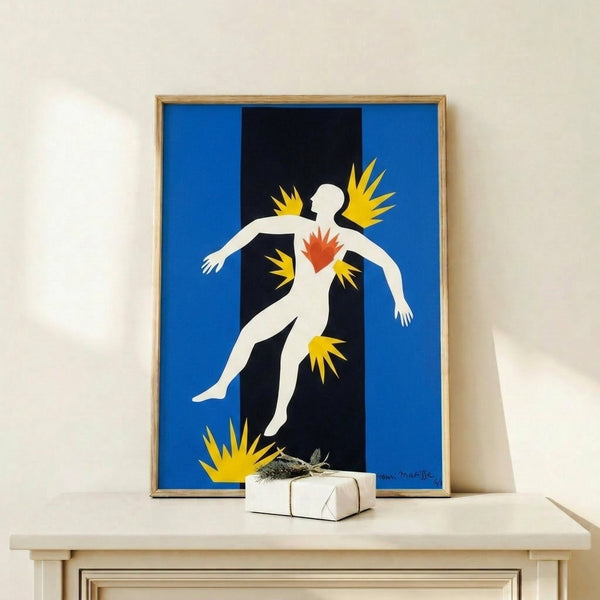 Wall art featuring a bold abstract composition with a stylized figure amid vibrant color planes, combining modernist aesthetics with mythological subject matter.
