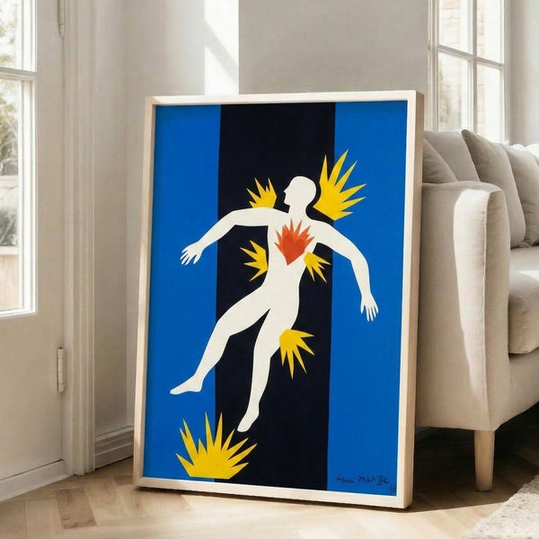 Framed poster displaying an expressionistic cut-out design with floating forms in contrasting hues, capturing movement and drama through simplified geometric shapes.