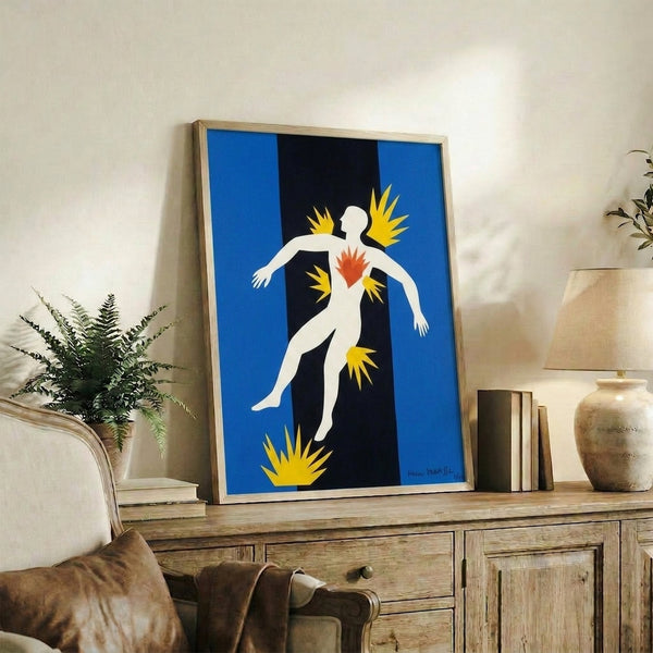 Modern wall poster with abstract interpretation of a falling figure rendered in striking reds, blues, and neutral tones using collage-inspired artistic technique.
