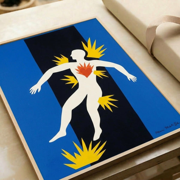 Contemporary art print presenting a mythic scene through abstraction, with a dynamic figure composed of overlapping color fields in a boldly simplified, decorative style.