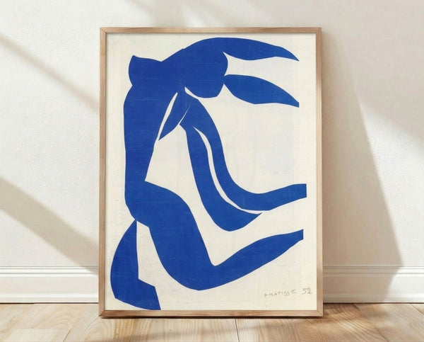 Abstract art print featuring flowing organic shapes in warm earth tones and soft pastels, reminiscent of Matisse's cut-out style with graceful curves and movement.