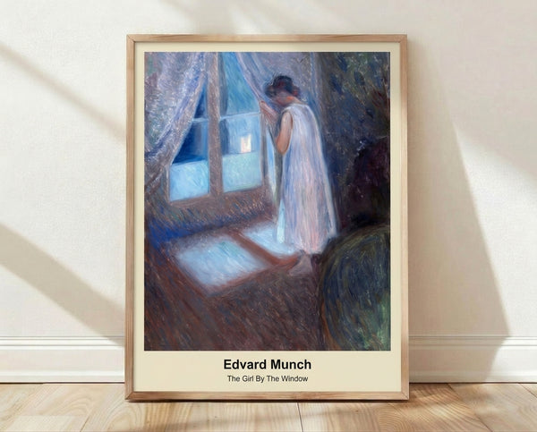 Framed expressionist poster depicting a melancholic young woman gazing from a window at night, rendered in muted browns, violets, and blues with shadowy atmospheric tones.