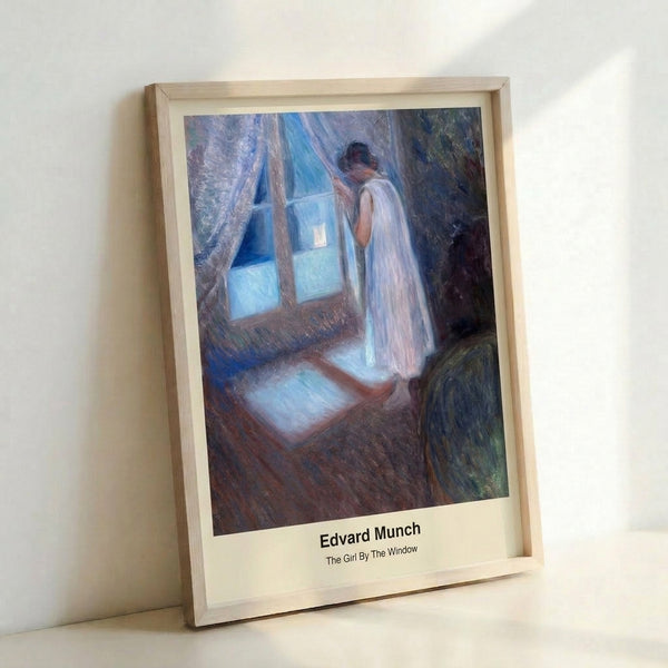Enigmatic portrait of a figure by a window at dusk, executed in moody expressionist style with ochre, violet, and shadow creating a contemplative, intimate mood.