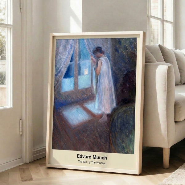 Poster print featuring a pensive woman gazing outward from an interior window, rendered in melancholic expressionist palette of browns, blues, and violet tones.