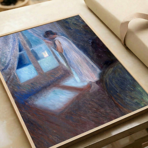 Wall-mounted poster of an enigmatic, introspective figure at a window overlooking a quiet city, executed in expressionist style with muted ochre and violet undertones.