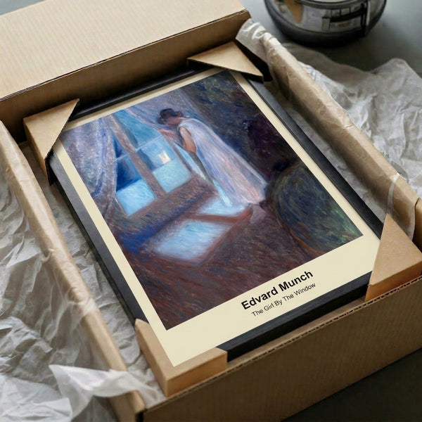 Art print capturing a melancholic moment of a young woman in nightgown gazing from a window, rendered through expressionist brushwork in cool blues and warm browns.
