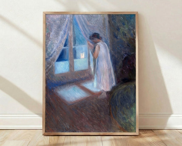 Framed expressionist poster of a melancholic girl gazing out a window, rendered in muted blues, greens, and earth tones with emotional brushwork characteristic of early modernist art.