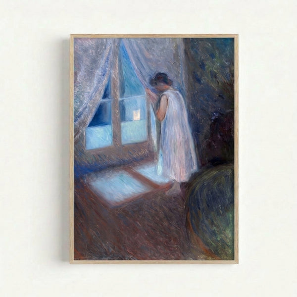 Edvard Munch's contemplative portrait of a young woman by a window, featuring introspective mood and expressive style in cool, subdued colors on a wall-mounted art print.