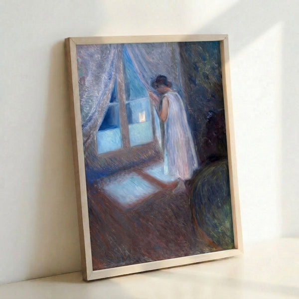 Moody expressionist framed artwork depicting a solitary figure at a window, with atmospheric color palette of soft blues and ochres creating a pensive, introspective atmosphere.