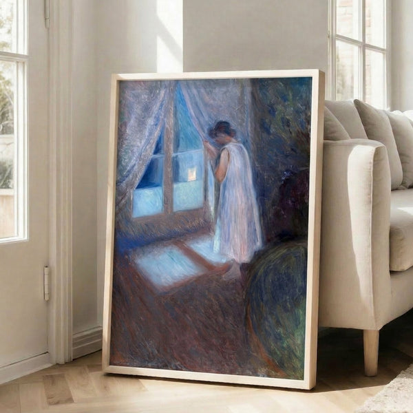 Wall art print showing a girl absorbed in thought beside a window, painted in the expressionist style with evocative, emotional brushstrokes and a melancholic color scheme.