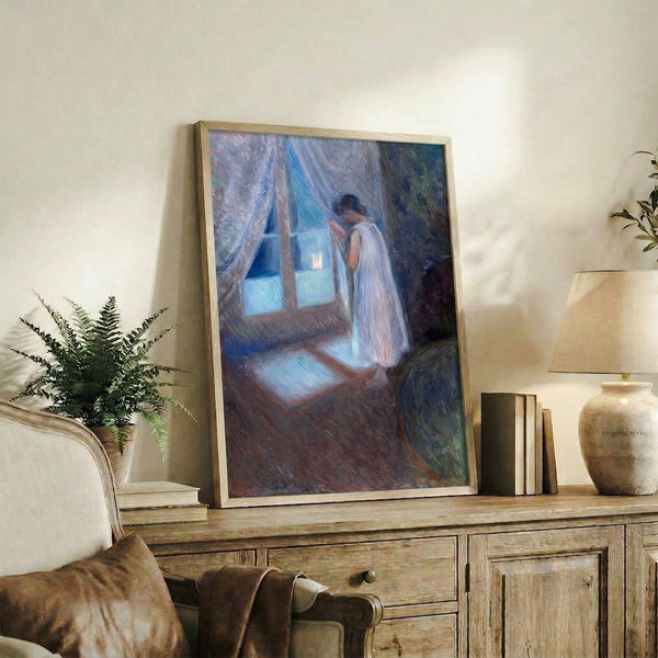 Framed expressionist masterpiece featuring a contemplative young woman gazing out, rendered in muted tones with the psychological depth and emotional intensity of early 20th century art.