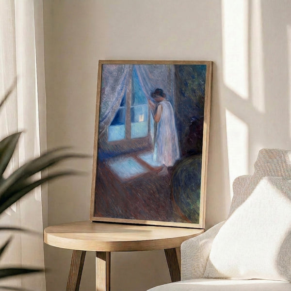 Introspective poster art of a girl by a window in expressionist style, with poignant mood conveyed through subdued greens, blues, and ochre tones and gestural painted technique.