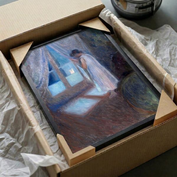 Melancholic framed print of a solitary figure lost in thought at a window, showcasing expressionist brushwork and an evocative palette of cool and earthy hues.