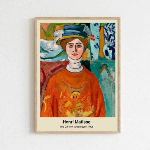 Art Nouveau-inspired female portrait featuring expressive green eyes and warm ochre accents, conveying intimate elegance in a framed wall art piece.