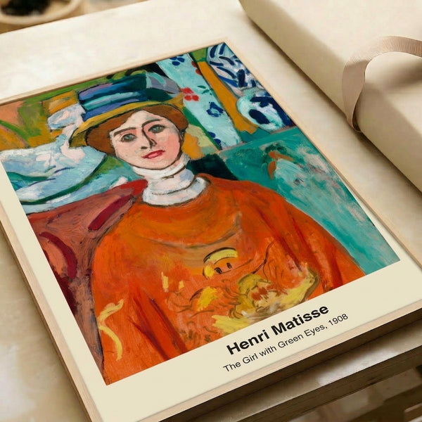 Art Nouveau portrait print of a woman with haunting green eyes, rendered in soft blues and warm tones, creating an intimate and elegant wall display.