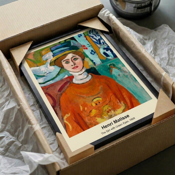 Contemporary interpretation of a female portrait with expressive green eyes in modernist style, featuring ochre, blue, and white tones as framed artwork.