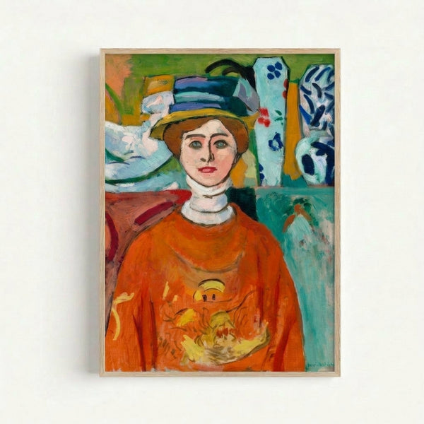 Matisse-inspired portrait print displaying a young girl with luminous green eyes against soft earth-toned background, showcasing vibrant color and loose painterly technique.