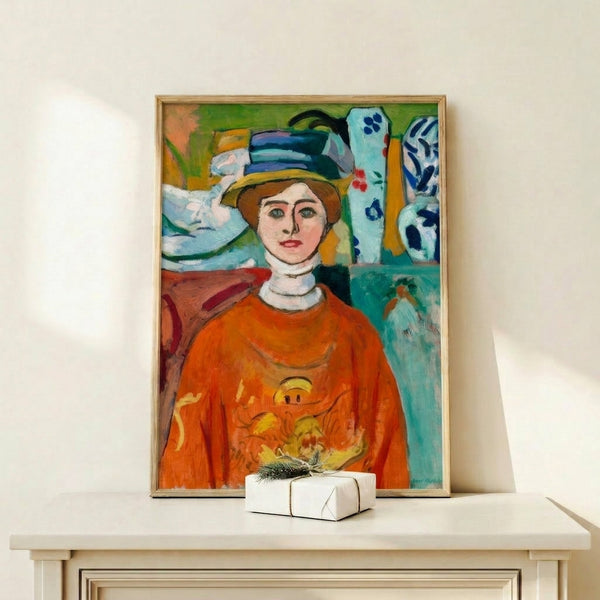 Framed art print of a girl with piercing green eyes and gentle expression, using bold color contrasts and flowing brushwork in the Fauvist style.