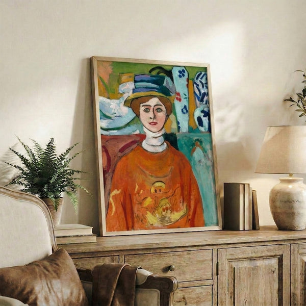 Modernist portrait poster showing a girl with striking green eyes and soft peachy complexion, rendered with vibrant color and loose, energetic brushstrokes.